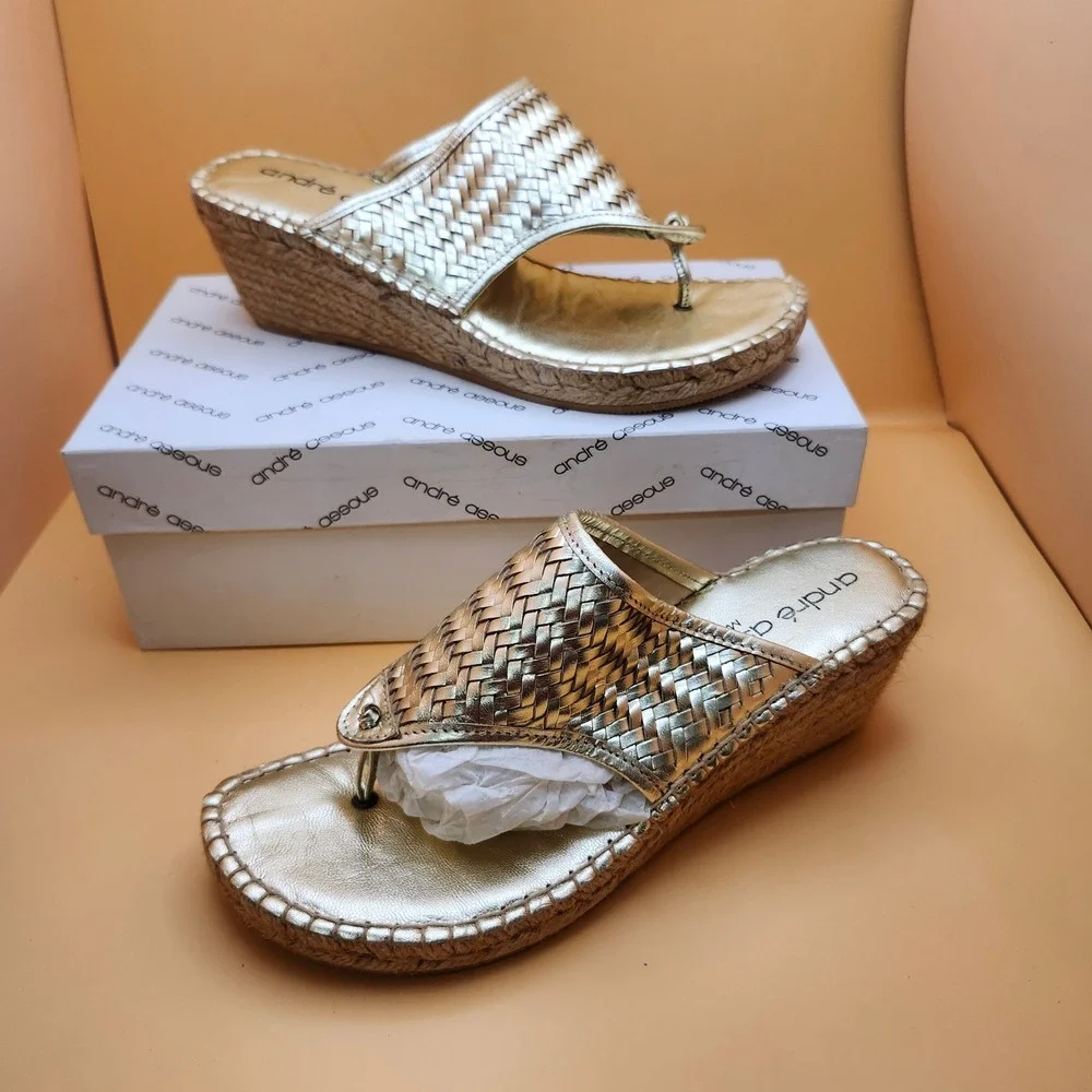 André Assous Alyssa Wedge‎ Sandals Gold Woven Leather Espadrille Boho 9 M
